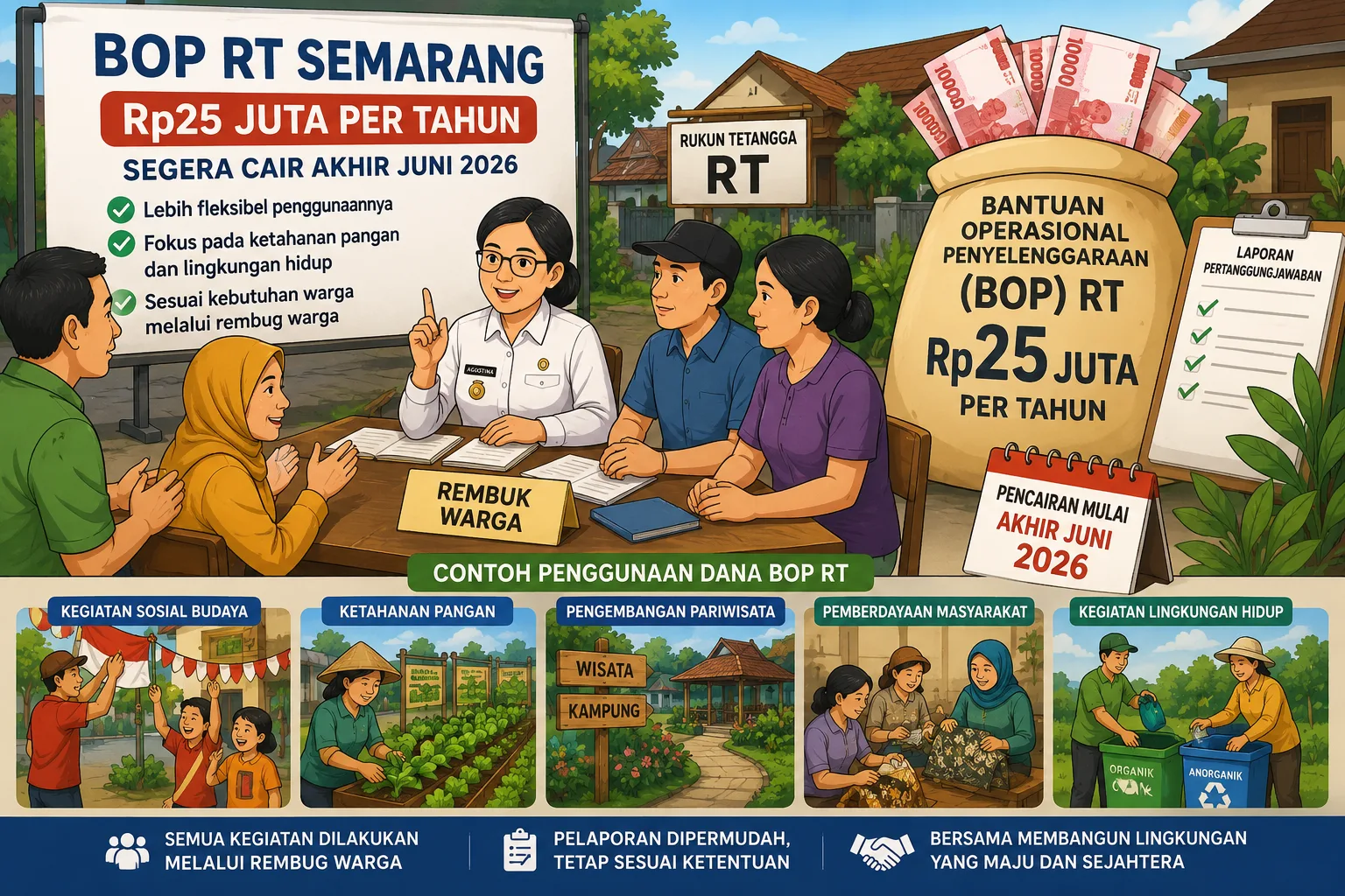 Pemkot Semarang mulai cairkan BOP RT Rp25 juta per tahun akhir Juni 2026. Dana dapat digunakan untuk pemberdayaan dan lingkungan.